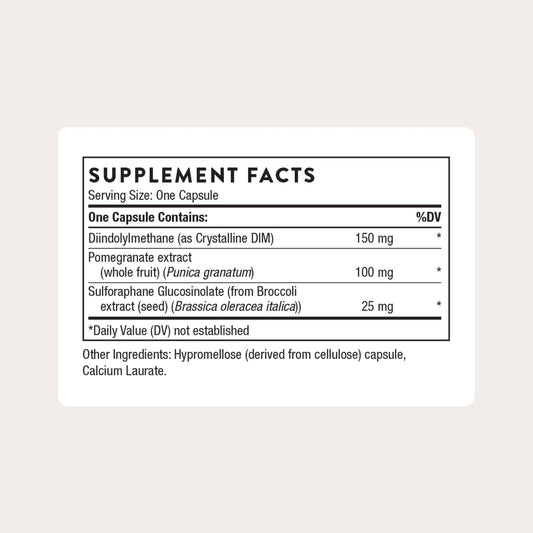 THORNE Hormone Advantage capsules closeup highlighting DIM and pomegranate ingredients