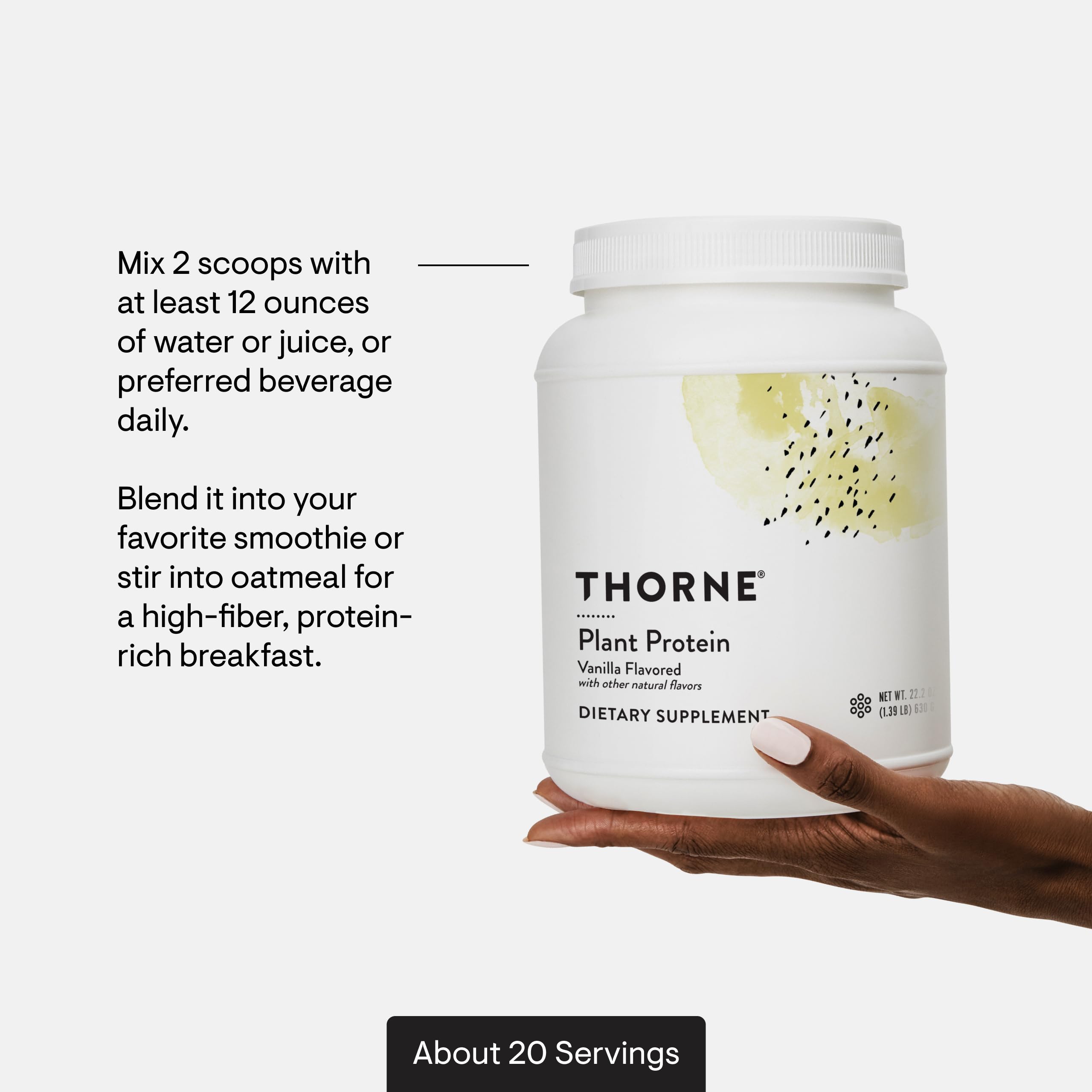 THORNE ingredientes clave guisante, arroz integral y chía, origen vegetal completo