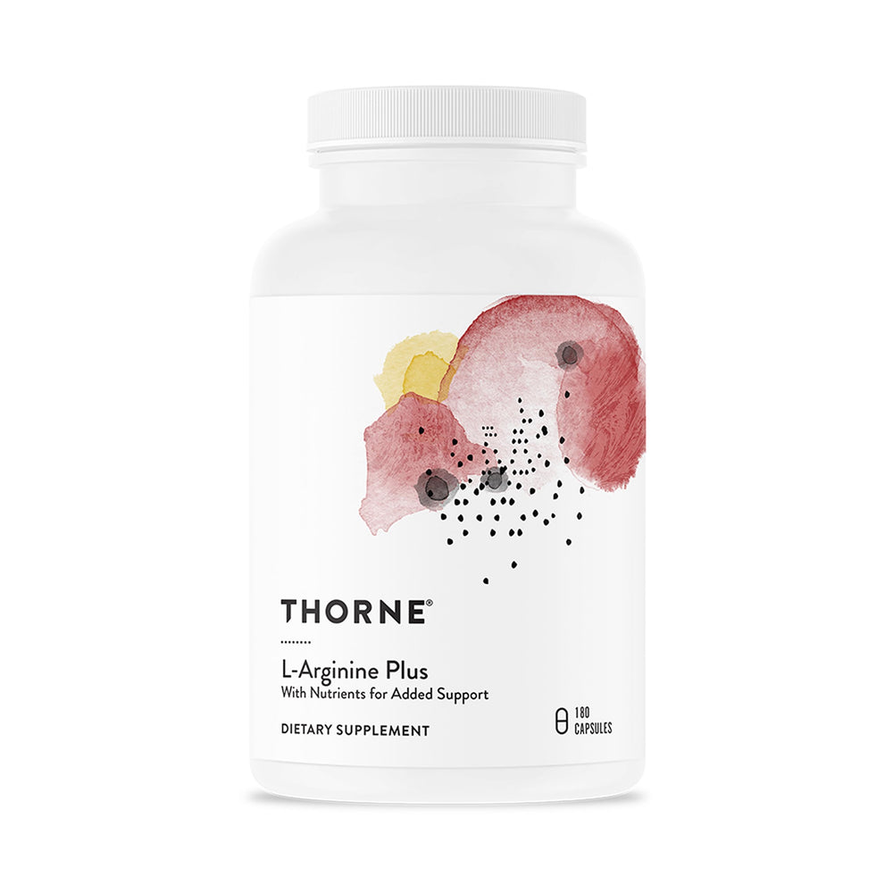 THORNE frasco frontal de L-Arginine Plus mostrando etiquetado claro y confianza
