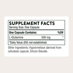 THORNE L-Glutamina, etiqueta cercana, información clara y certificación de terceros.