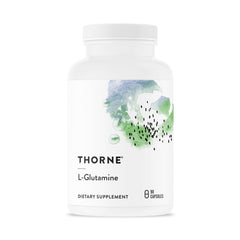 THORNE L-Glutamina, botella frontal, apoyo para salud intestinal y recuperación muscular tras el entrenamiento.
