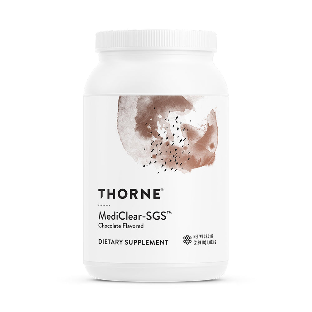THORNE envase frontal del producto mostrando branding y sabor chocolate, claro beneficio visual