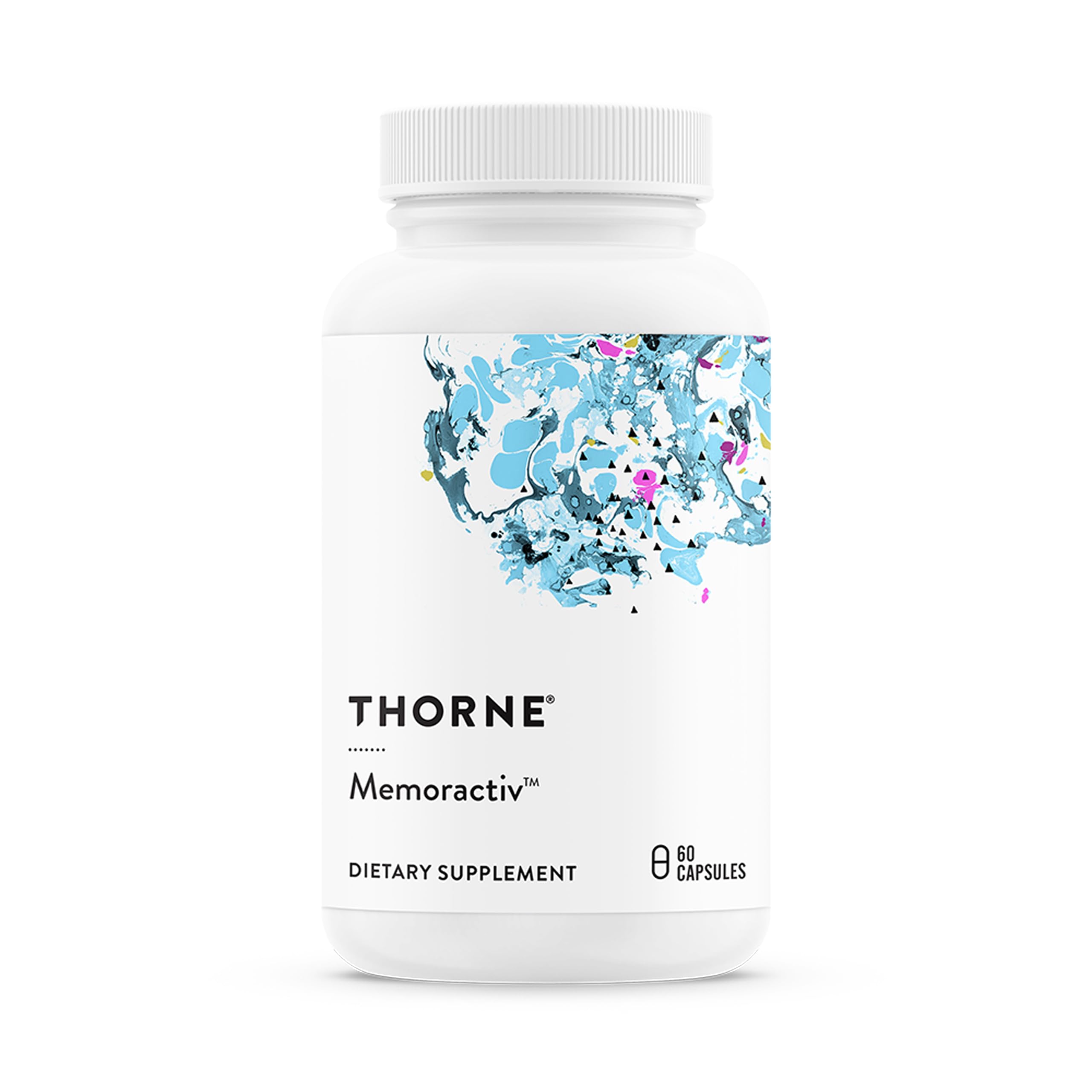 THORNE frasco frontal mostrando memoractiv y beneficio de claridad mental