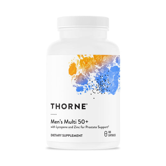 Thorne Men's Multi 50+ bottle front highlighting full-spectrum vitamins for daily health.