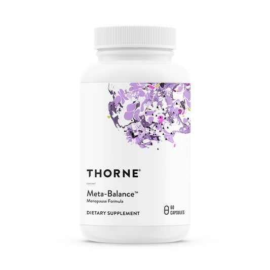 THORNE Meta-Balance bottle front shows gluten-free menopause support for daily balance.