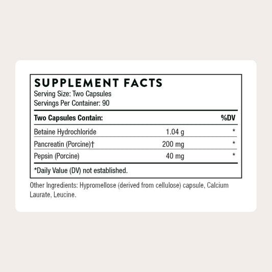 THORNE Multi Enzyme: cápsulas en primer plano para apoyar la digestión de proteínas y carbohidratos.