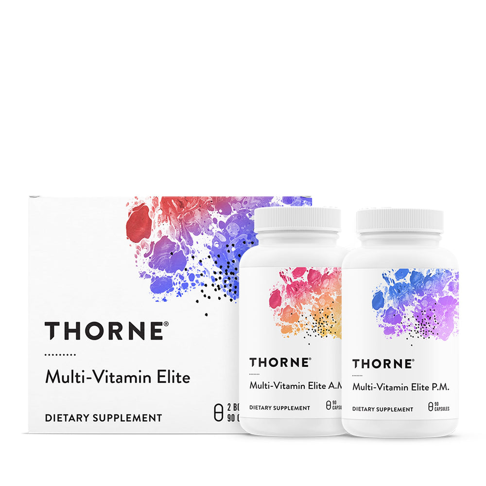 THORNE frasco frontal mostrando 180 cápsulas y etiquetado claro