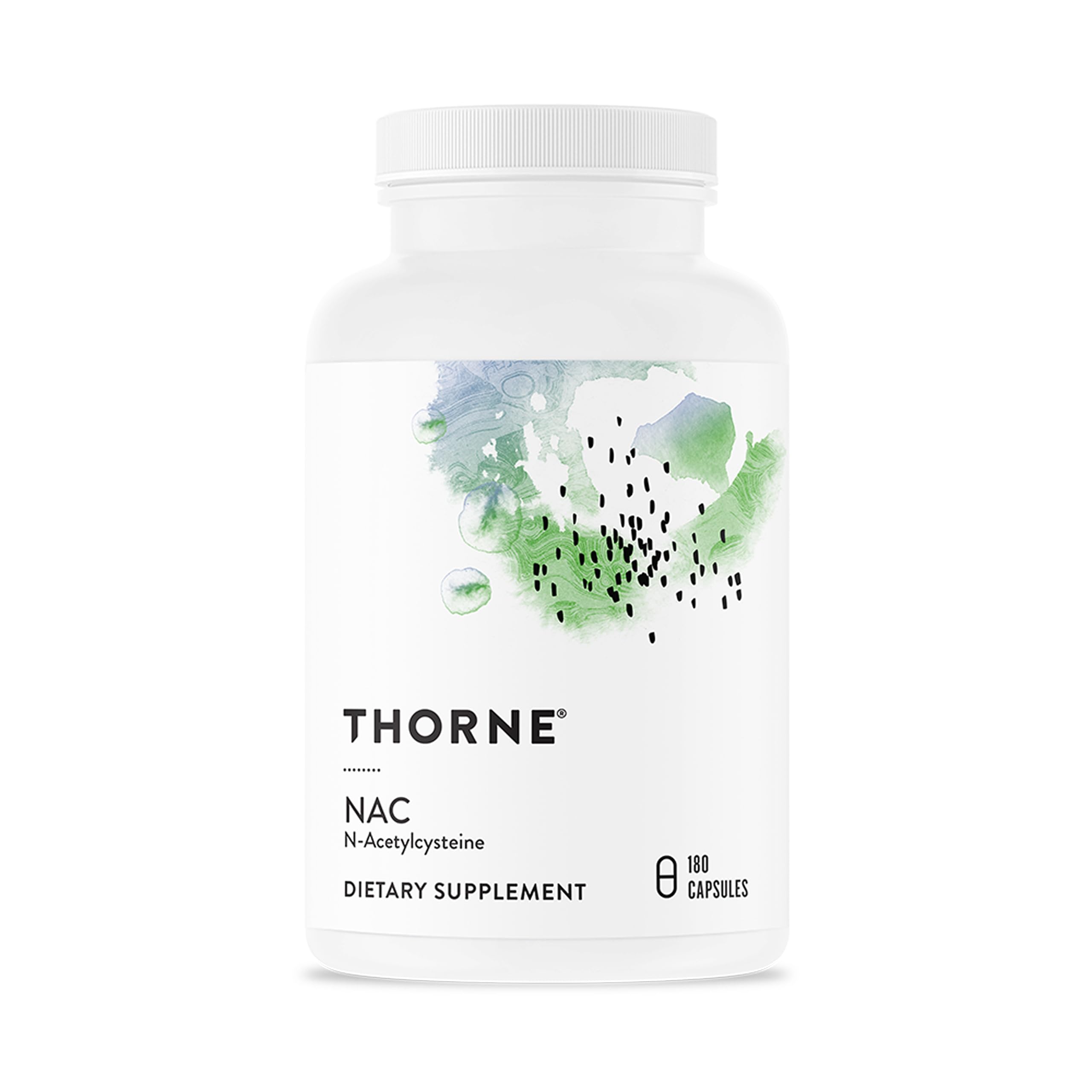Thorne NAC frente del envase mostrando 180 cápsulas y confianza en calidad