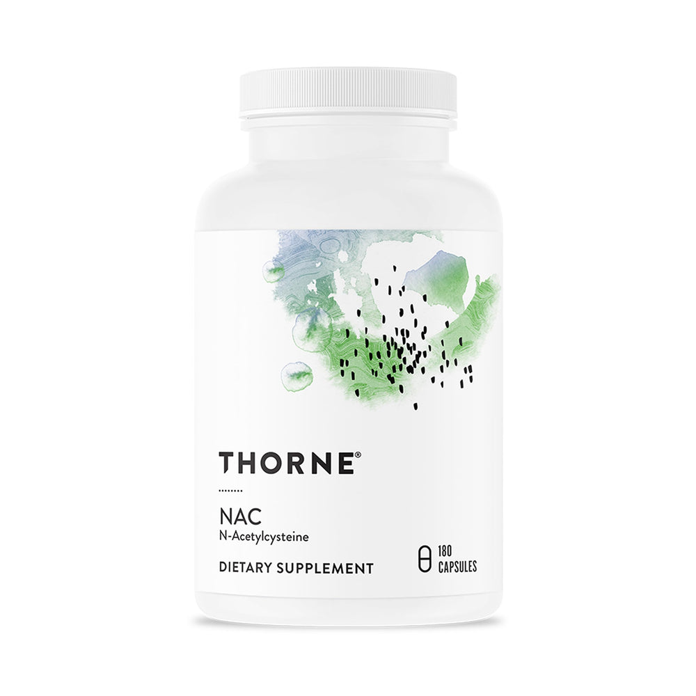 Thorne NAC frente del envase mostrando 180 cápsulas y confianza en calidad