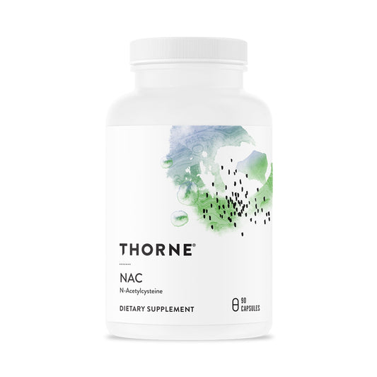 THORNE envase frontal de NAC 500 mg mostrando claridad de marca y cantidad