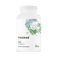 THORNE envase frontal de NAC 500 mg mostrando claridad de marca y cantidad