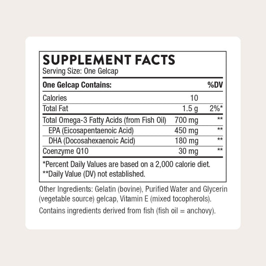 THORNE Omega-3 CoQ10: cápsulas gel para una ingesta conveniente y suave.
