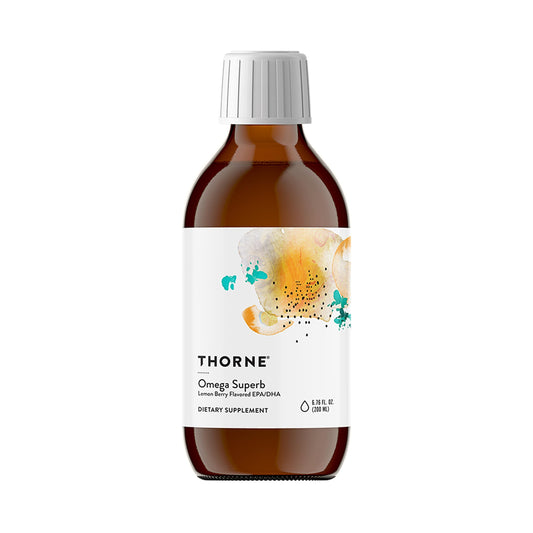 THORNE Omega Superb: botella con dosis fácil para consumo diario.