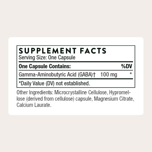 THORNE PharmaGABA-100: etiqueta detalle, información clara para uso diario responsable.