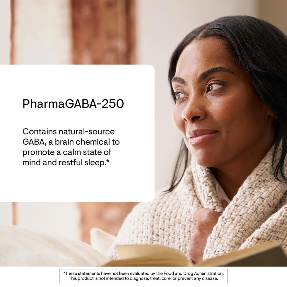 THORNE PharmaGABA-250, etiqueta detalle: ingredientes de fuente natural para tranquilidad.