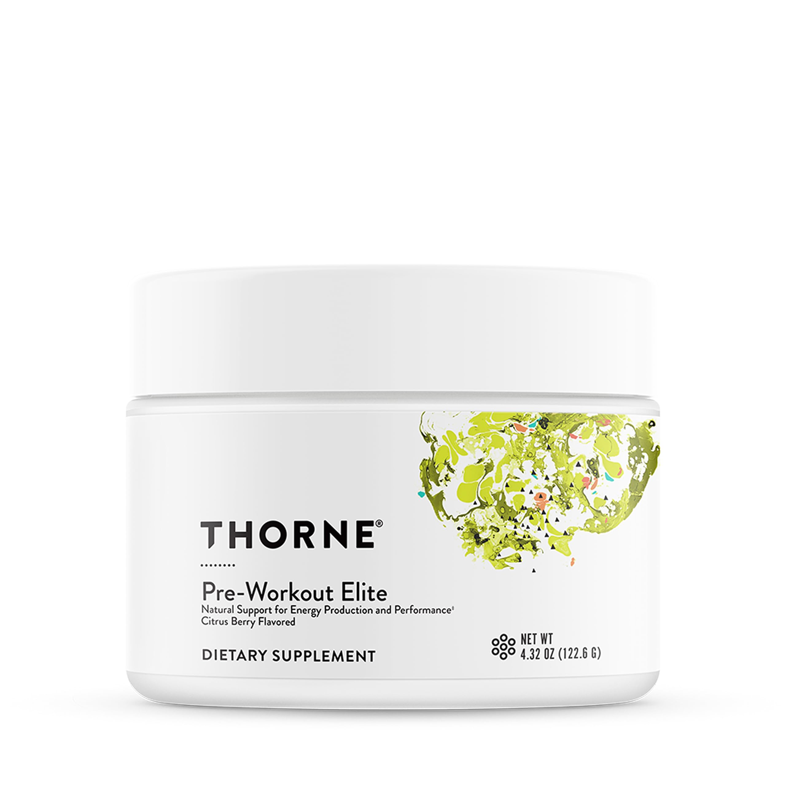 THORNE Pre-entrenamiento Elite envase citrus-berry para energía sostenida.
