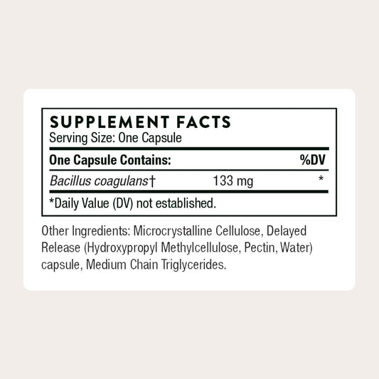 THORNE probiótico sin refrigeración, envase compacto para fácil almacenamiento diario.