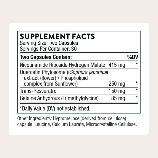 THORNE ResveraCel, etiqueta frontal, información sobre ribósido de nicotinamida