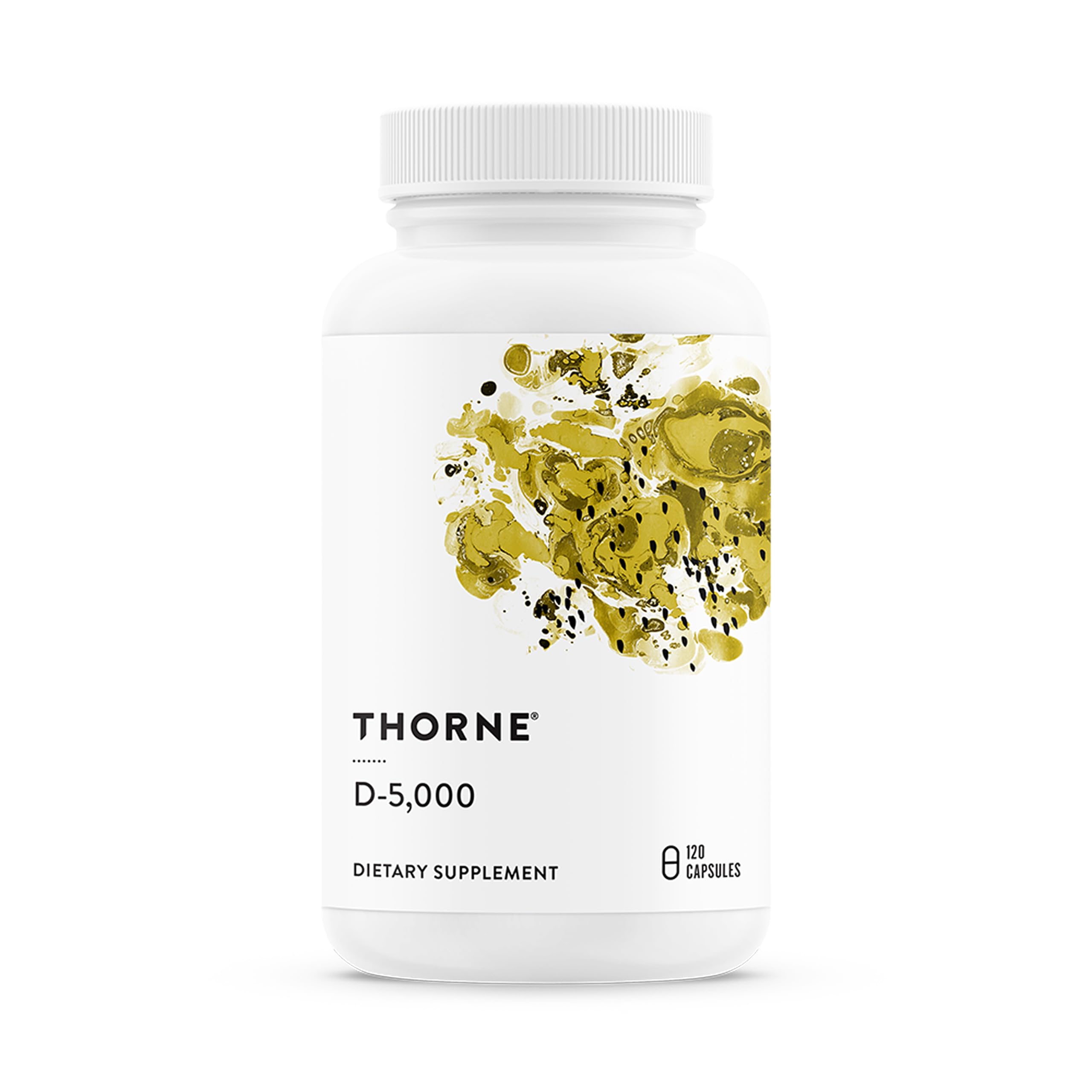THORNE frasco frontal mostrando 120 cápsulas y potencia 5,000 UI