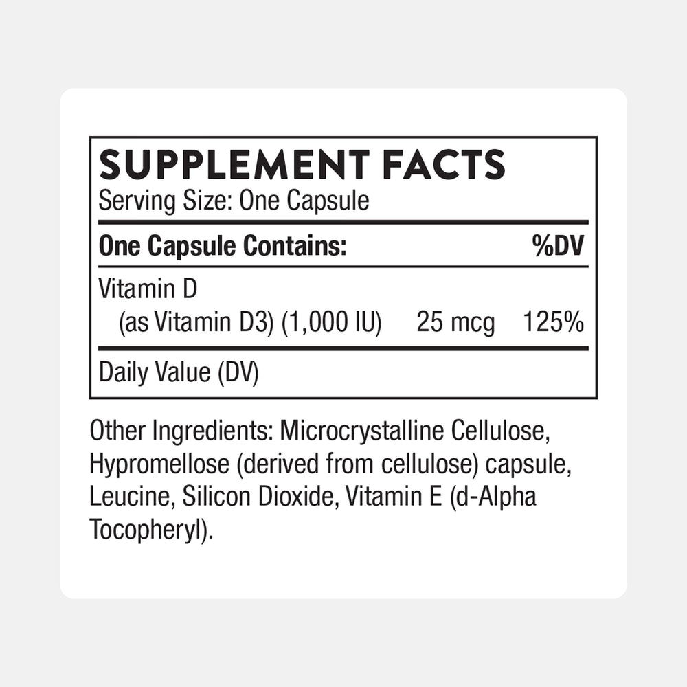 THORNE vitamina D3 cápsulas 1000 UI para mantenimiento diario.