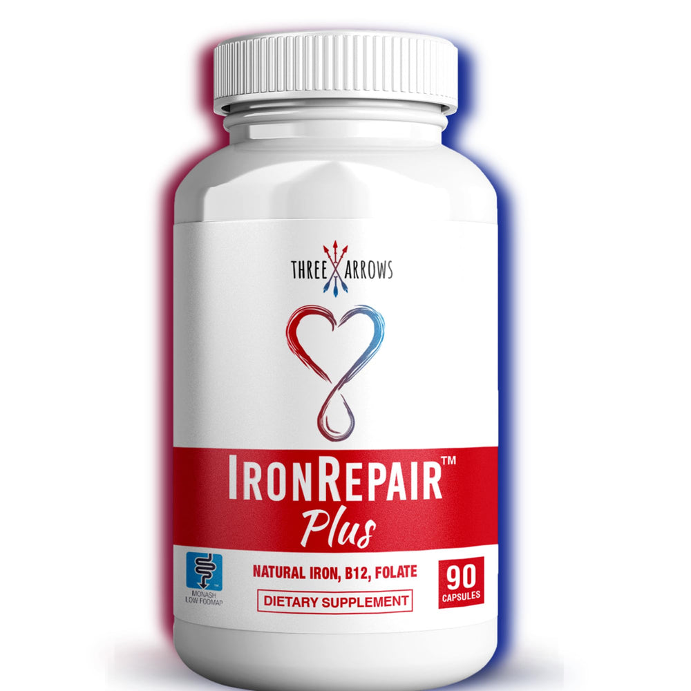 Three Arrows envase frontal de Iron Repair Plus mostrando diseño y beneficios