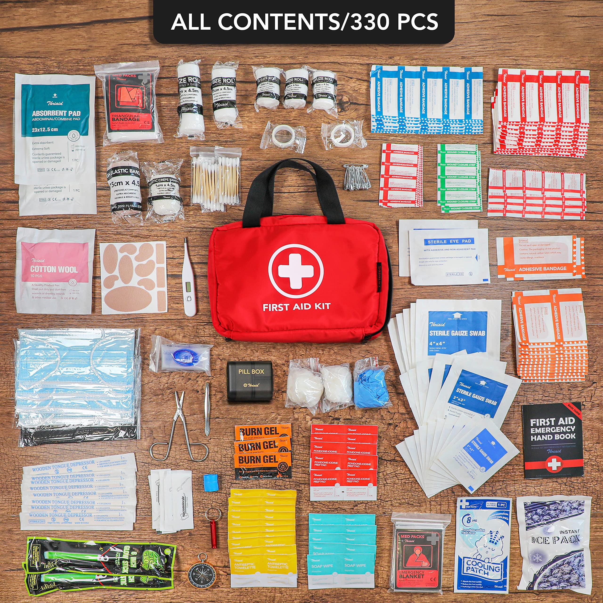 THRIAID detalle de vendas y gasas dentro del estuche que facilitan curaciones rápidas