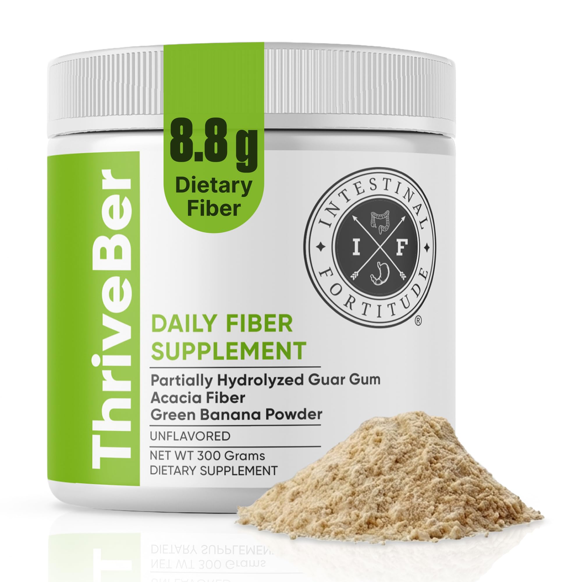 Intestinal Fortitude ThriveBer envase frontal mostrando porciones y marca, beneficio conveniencia