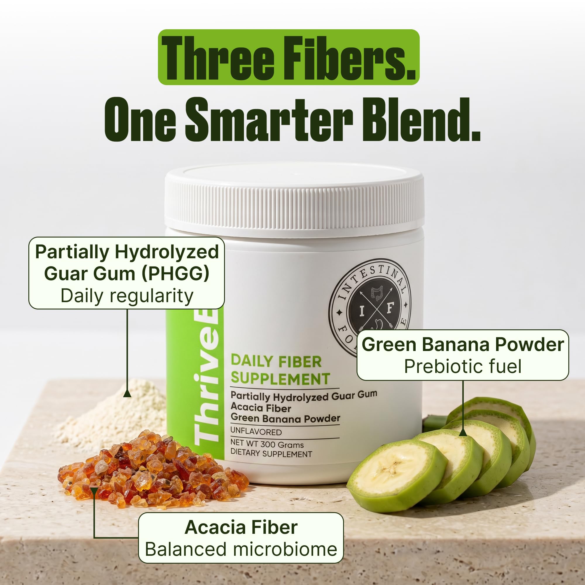 Intestinal Fortitude ThriveBer ingredientes clave: guar, acacia, plátano verde, beneficio prebiótico