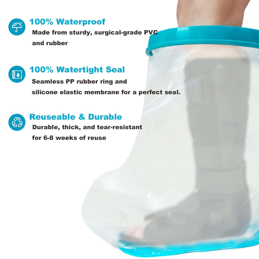 Tideshake funda en uso en la ducha protegiendo yeso y permitiendo higiene segura