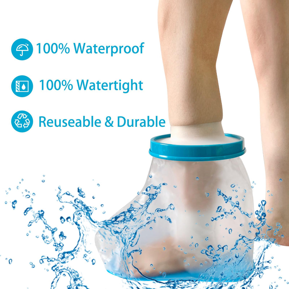 Tideshake funda colocada en pie durante ducha que mantiene vendaje seco