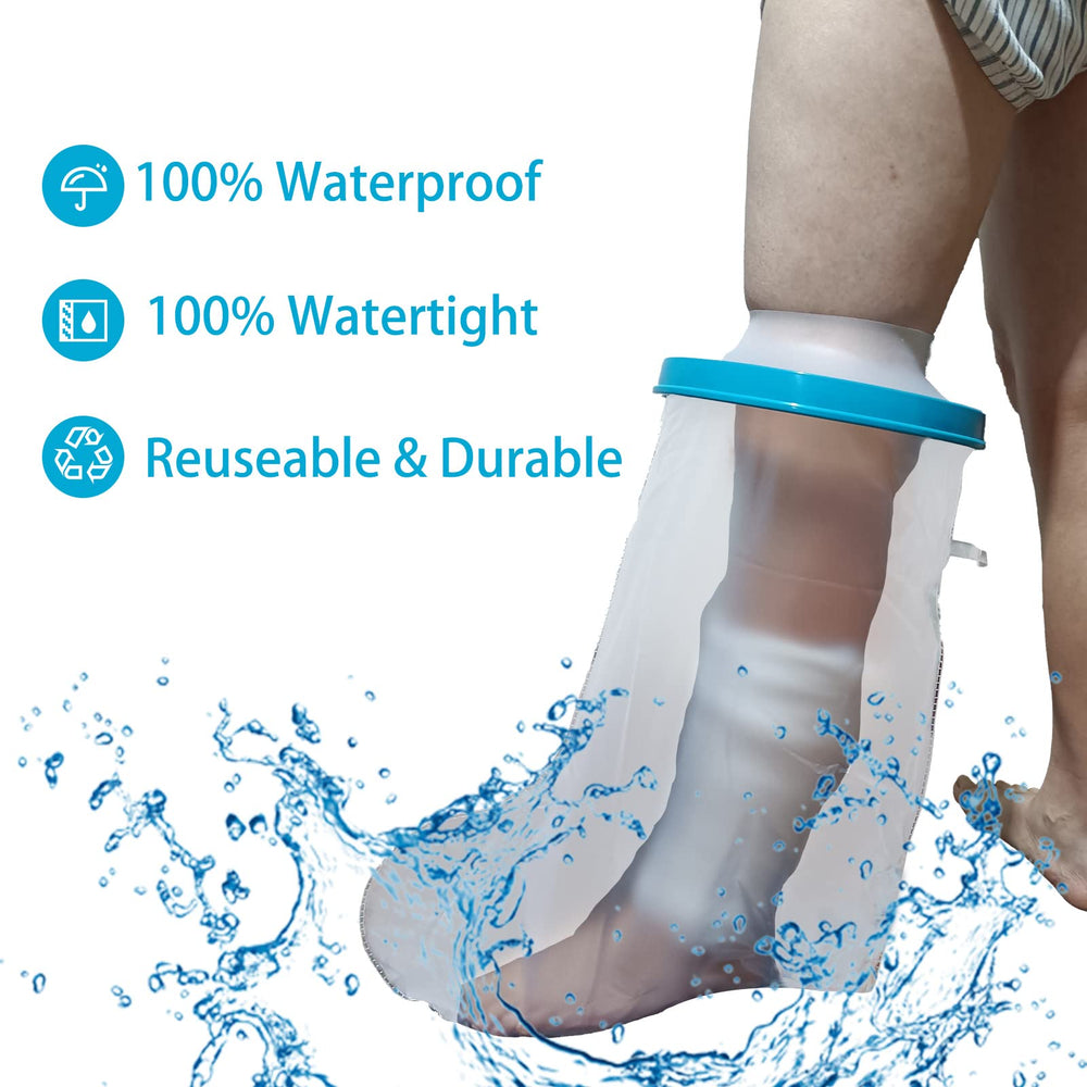 Tideshake funda en uso en la ducha protegiendo yeso y manteniendo sequedad