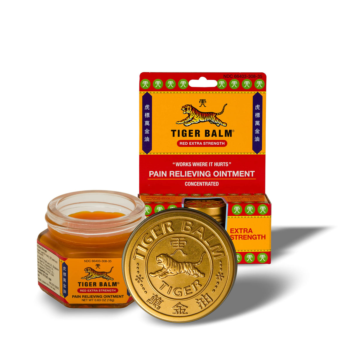 Tiger Balm envase frontal amarillo mostrando marca y alivio rápido