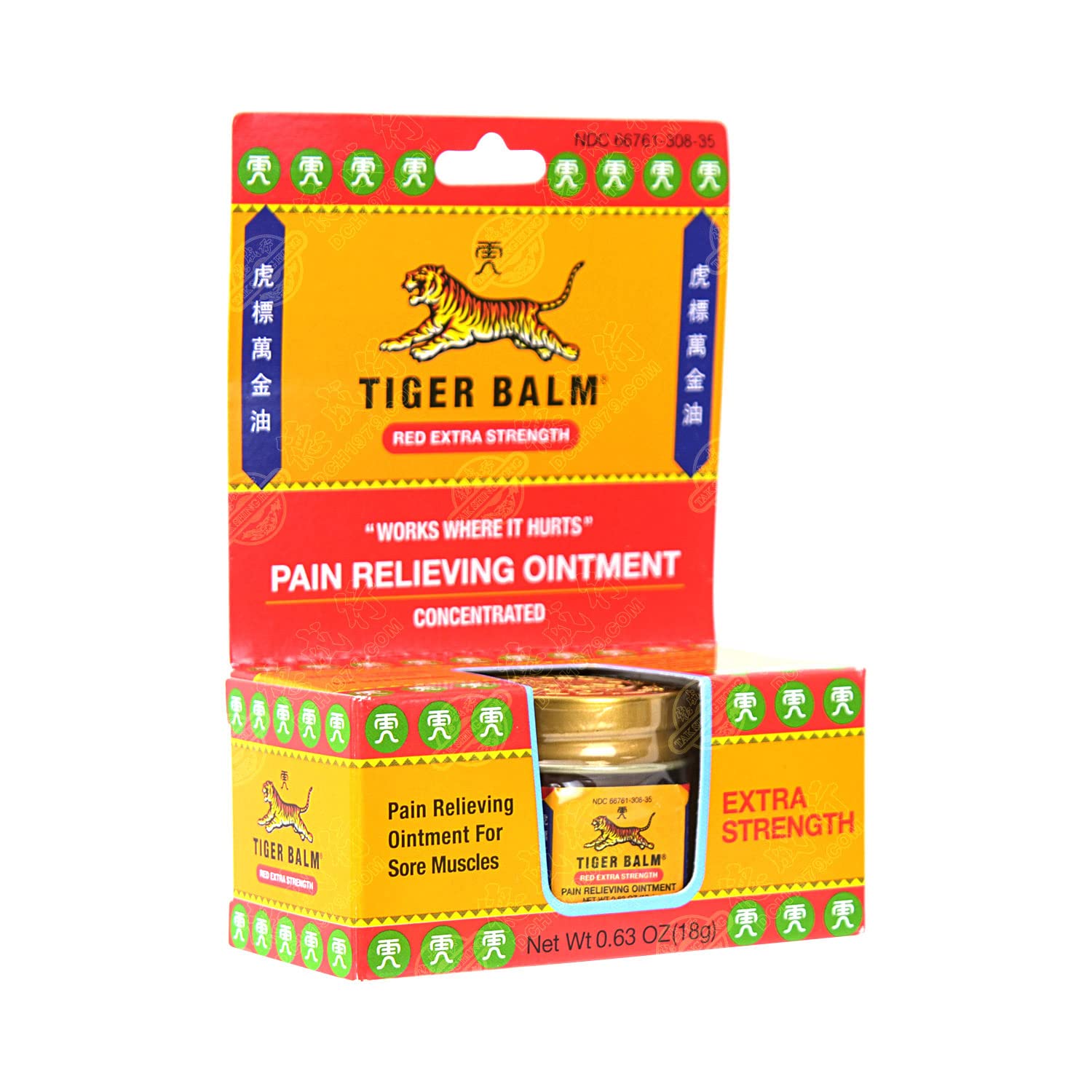 Tiger Balm tubo frontal mostrando la marca y aplicación rápida