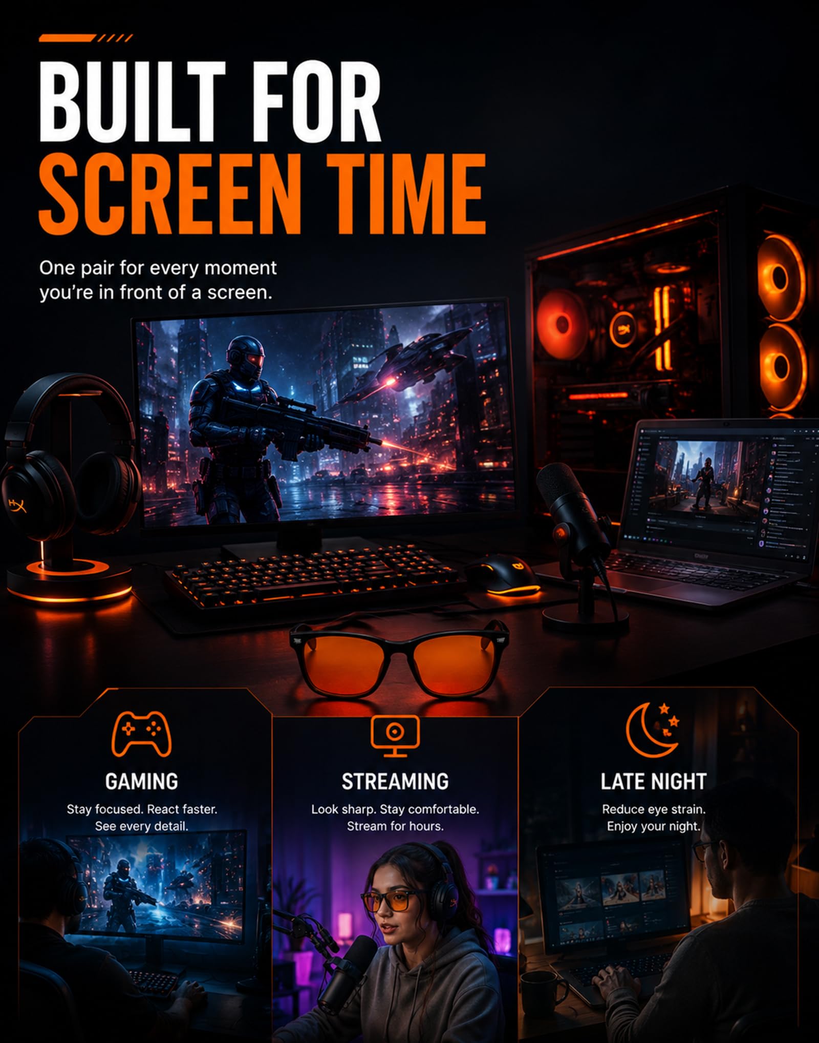 TIJN gafas en uso sobre escritorio reduciendo reflejos en monitor