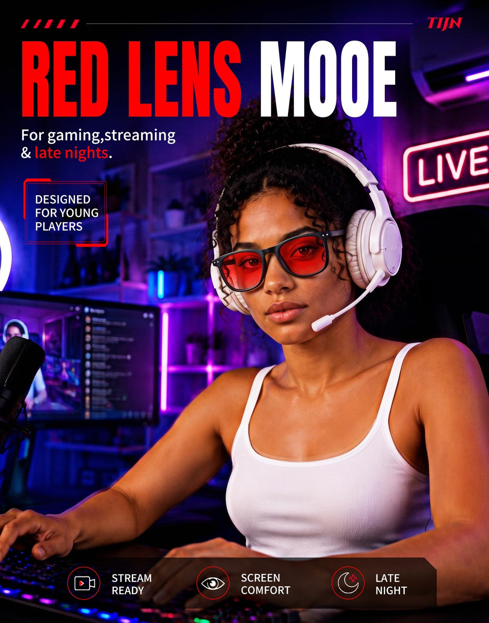 TIJN gafas en escritorio durante sesión de gaming y confort