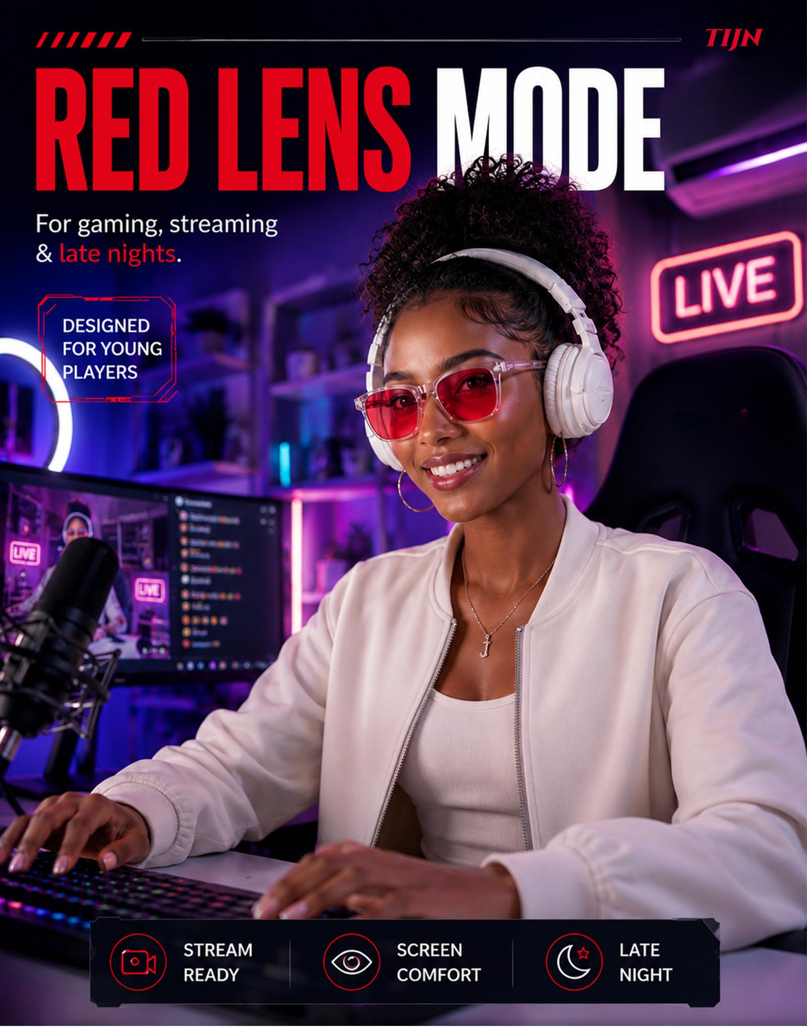 TIJN gafas en uso durante partida de gaming para menor fatiga