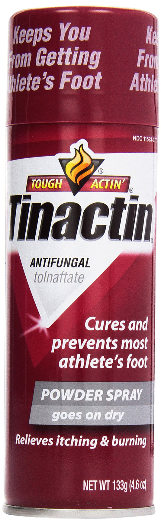 Tinactin aerosol frente del envase mostrando etiqueta y beneficio de sequedad