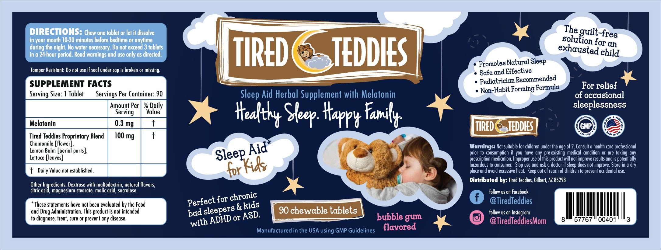 Tired Teddies etiqueta con ingredientes y certificación GMP, seguridad visible