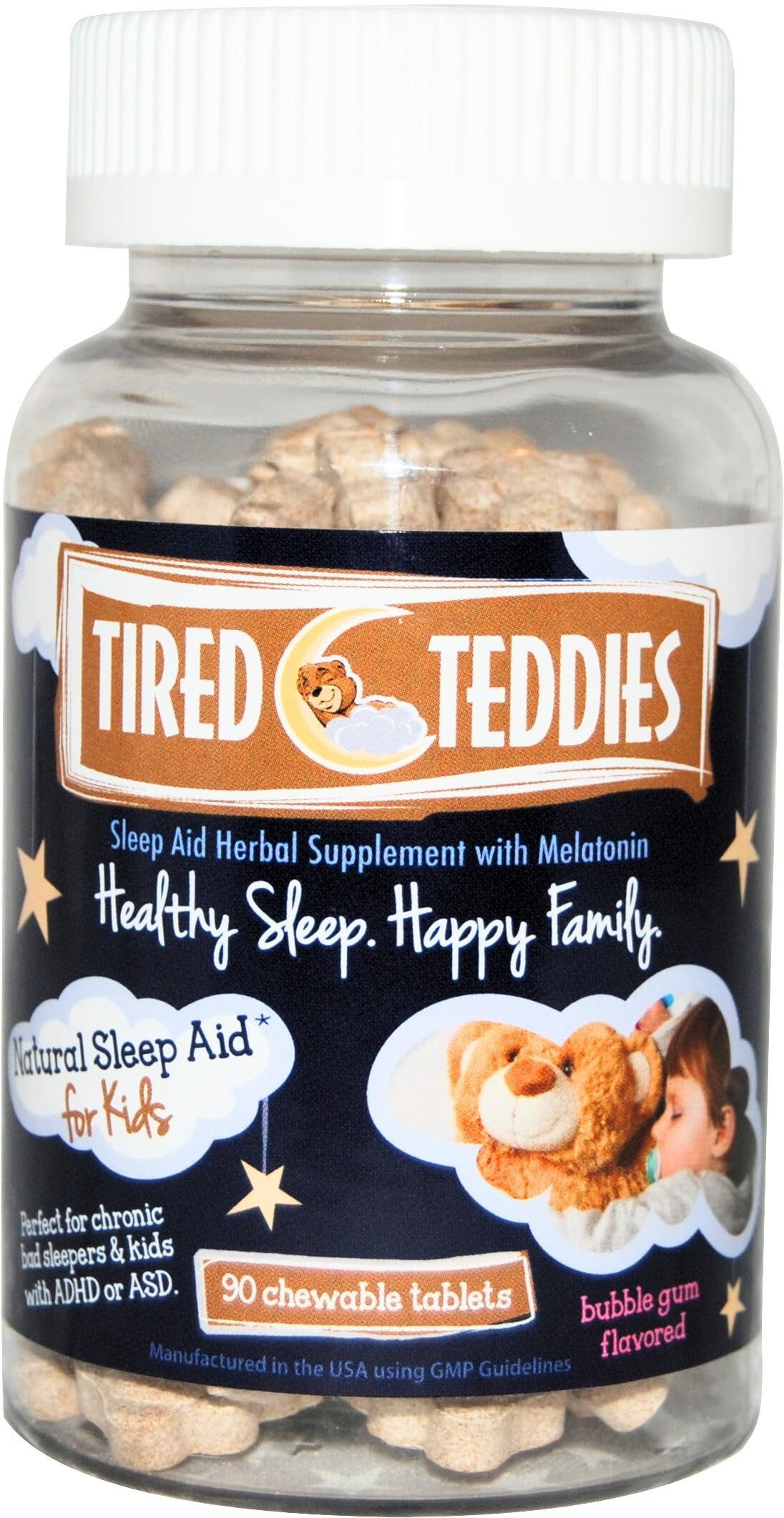 Tired Teddies frente del envase muestra 90 tabletas, confianza y conveniencia