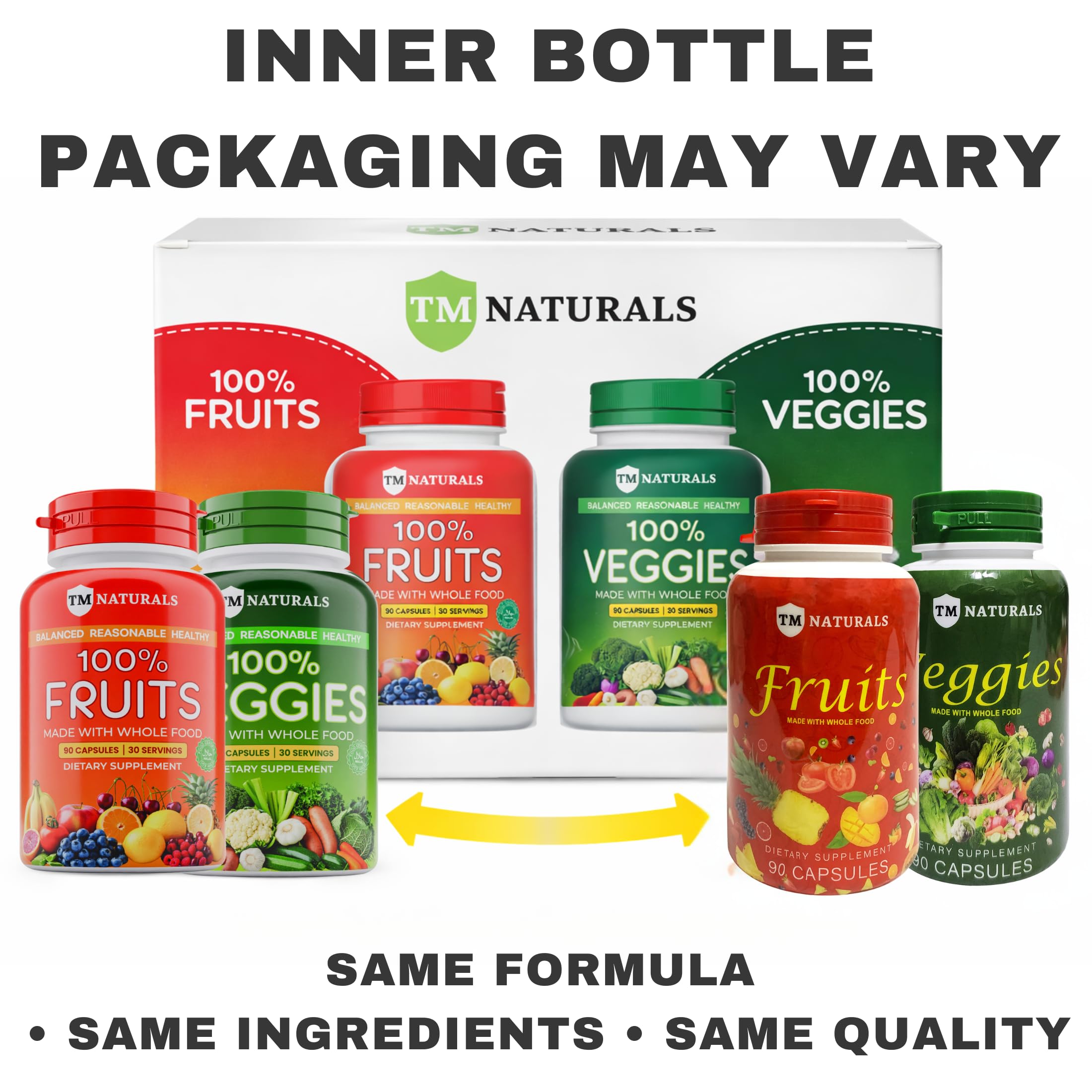 TM NATURALS mezcla de frutas y verduras en colores que ilustra nutrientes