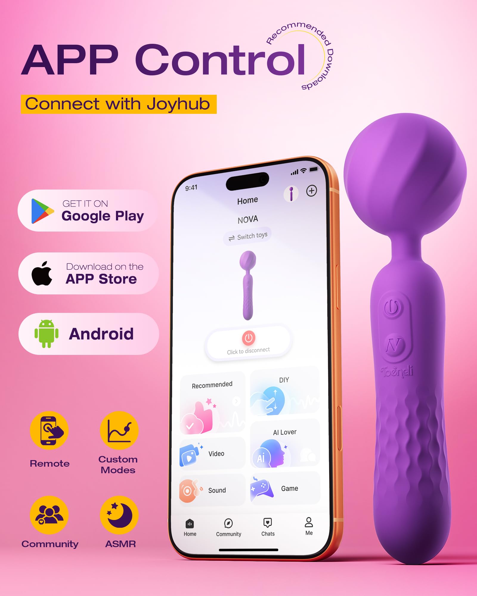 Toendi pantalla de la app Joyhub controlando modos para personalización
