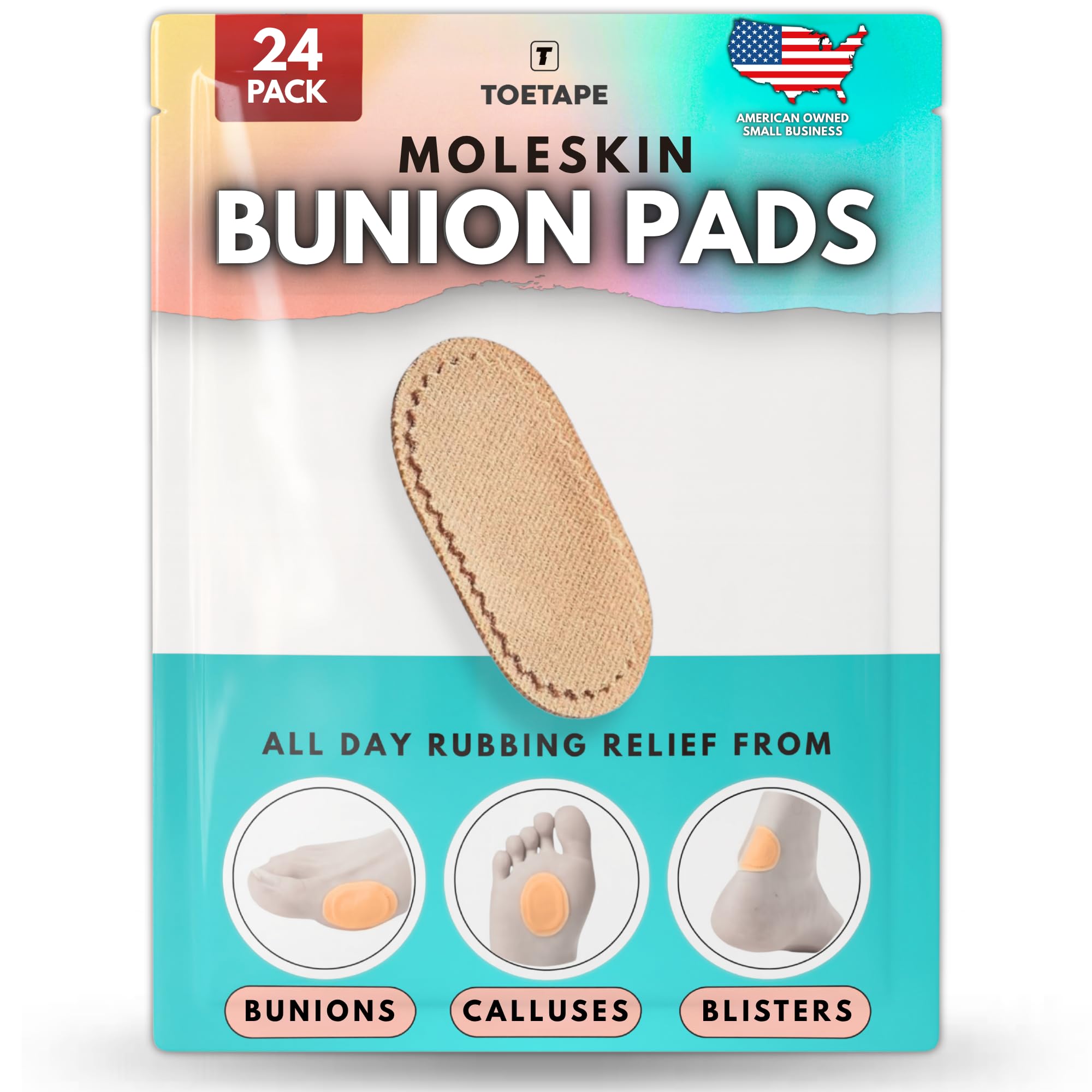 ToeTape empaque frontal mostrando 24 almohadillas para protección confortable