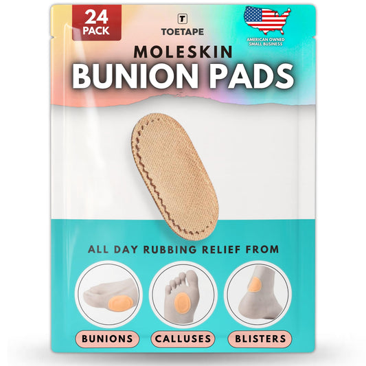 ToeTape empaque frontal mostrando 24 almohadillas para protección confortable