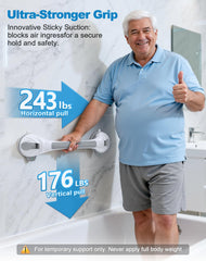 Toiysyy barra instalada en ducha mostrando a usuario tomando apoyo seguro