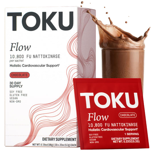 Toku Flow frente del empaque mostrando 30 sobres, presentación práctica y portátil