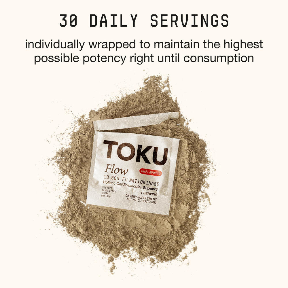 Toku Flow envase y texto sobre nattokinase 10.800 FU visible