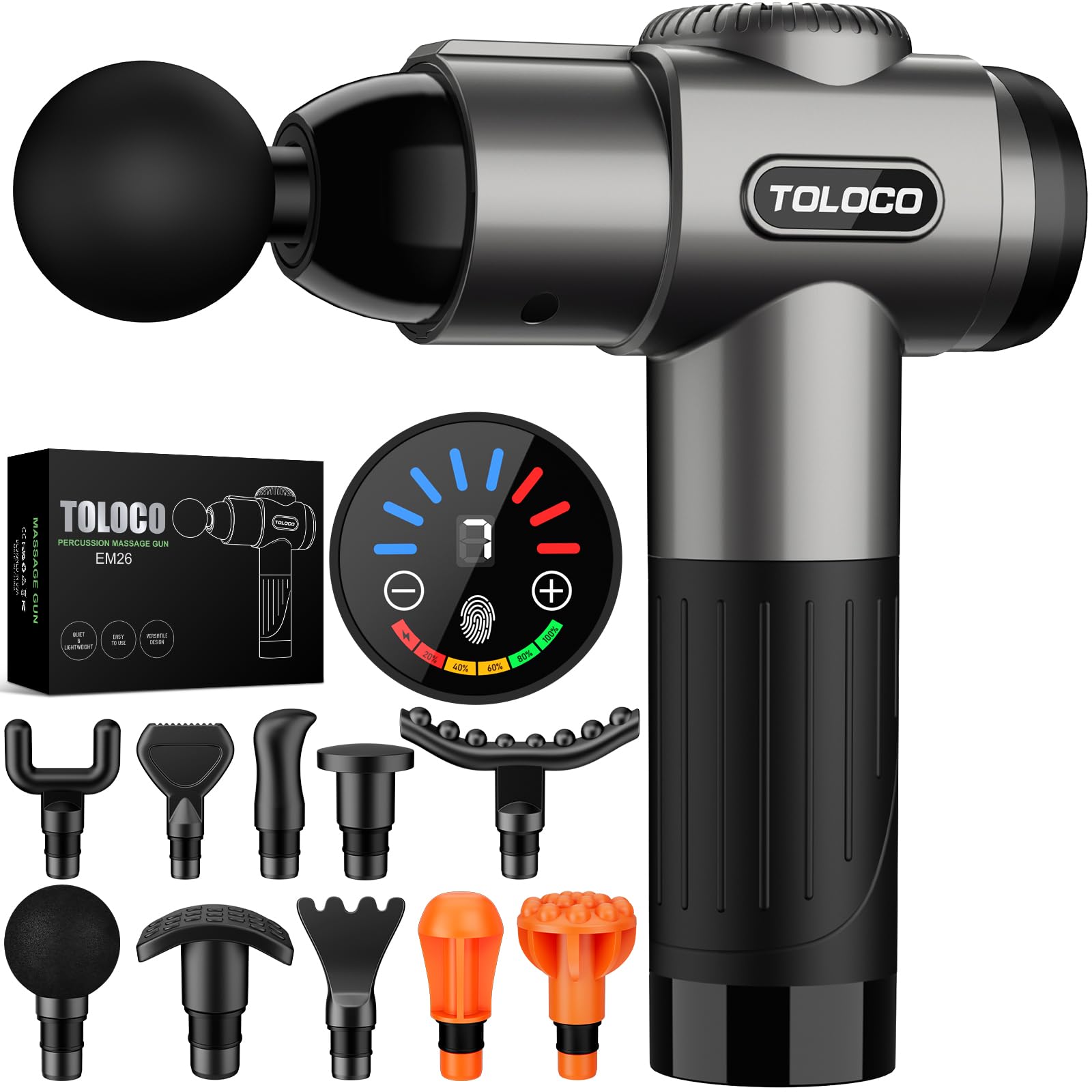 TOLOCO vista frontal del masajeador mostrando diseño ergonómico y control fácil