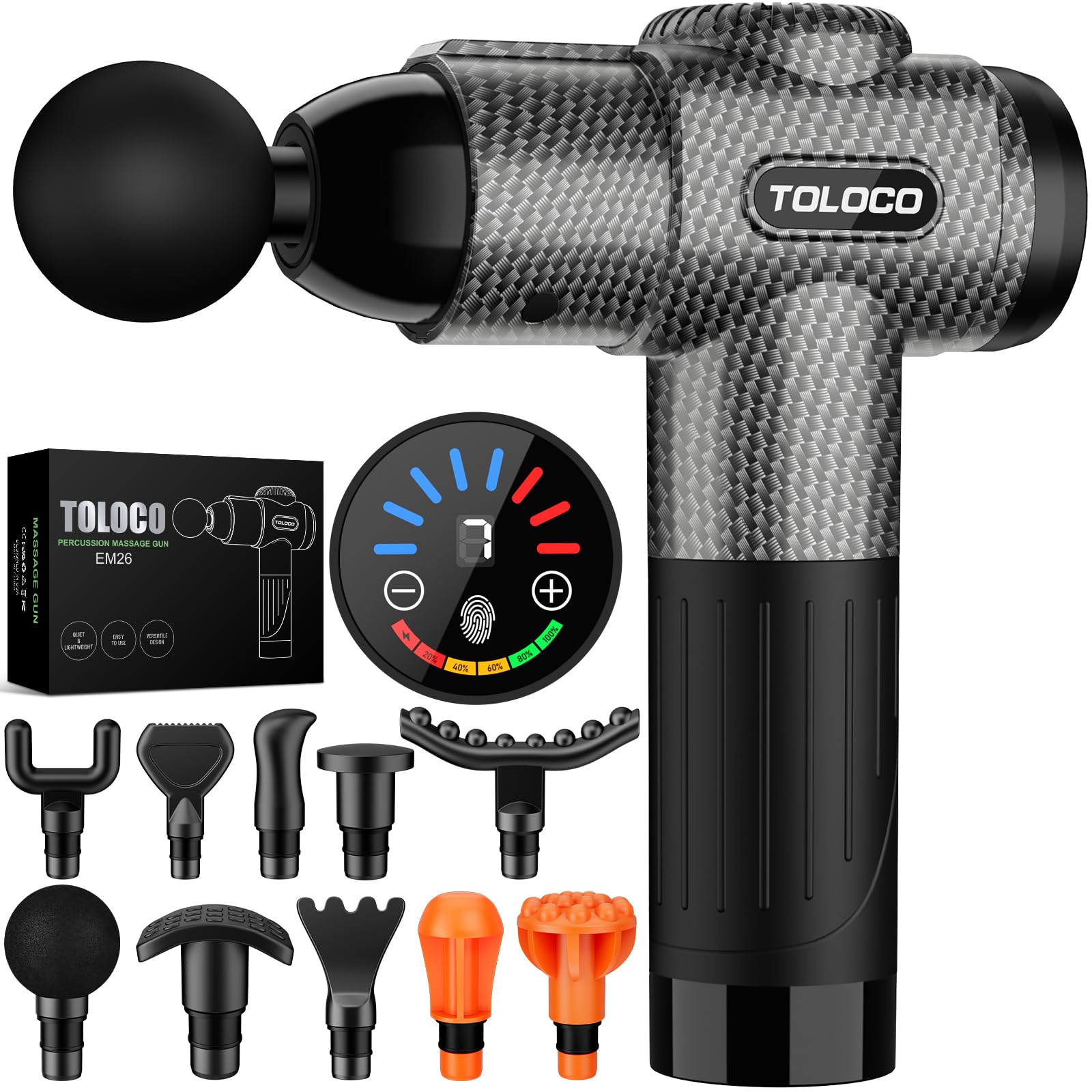 TOLOCO vista frontal del masajeador con acabado carbon y ergonomía mejorada