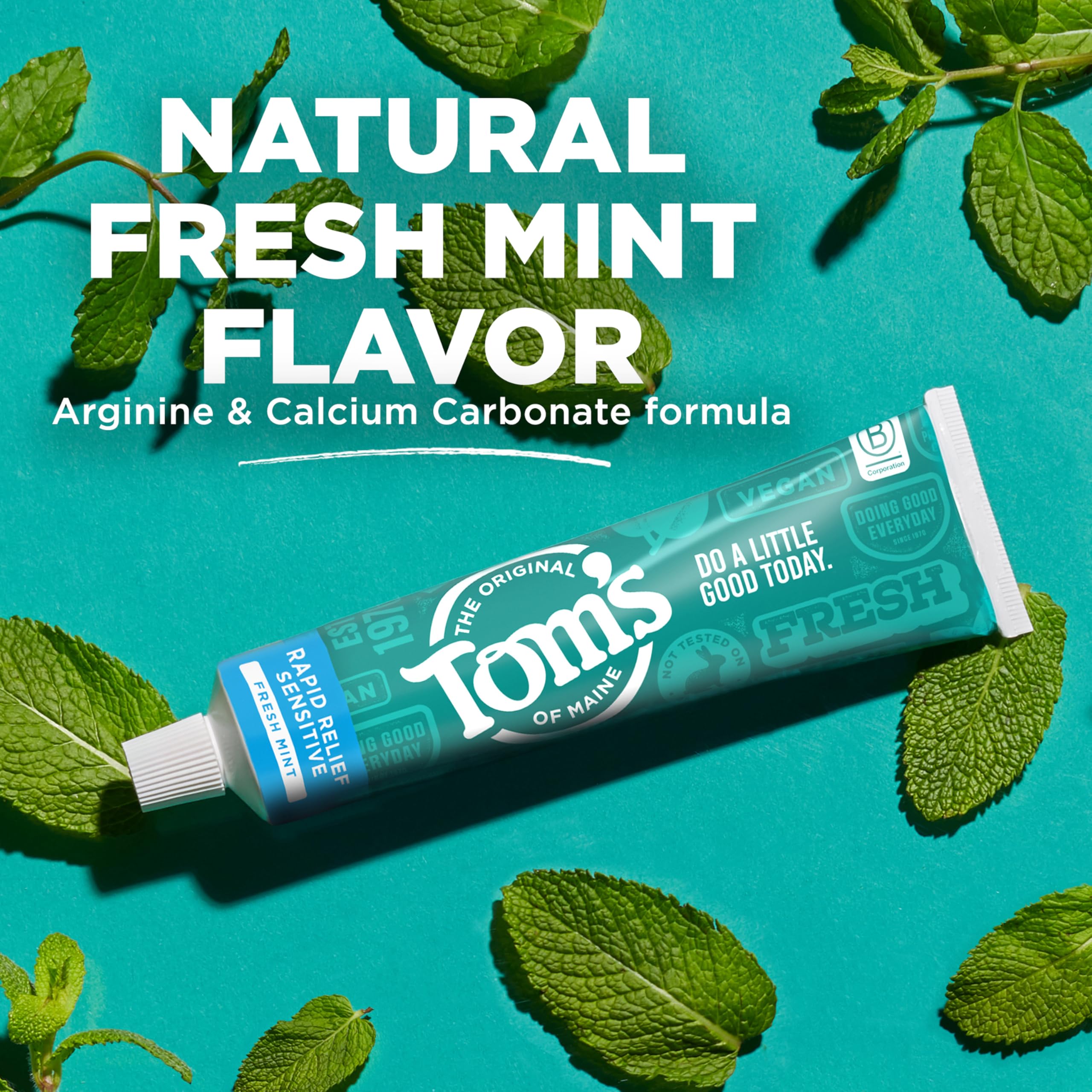 Tom's of Maine etiqueta con bandera azul destacando reciclabilidad
