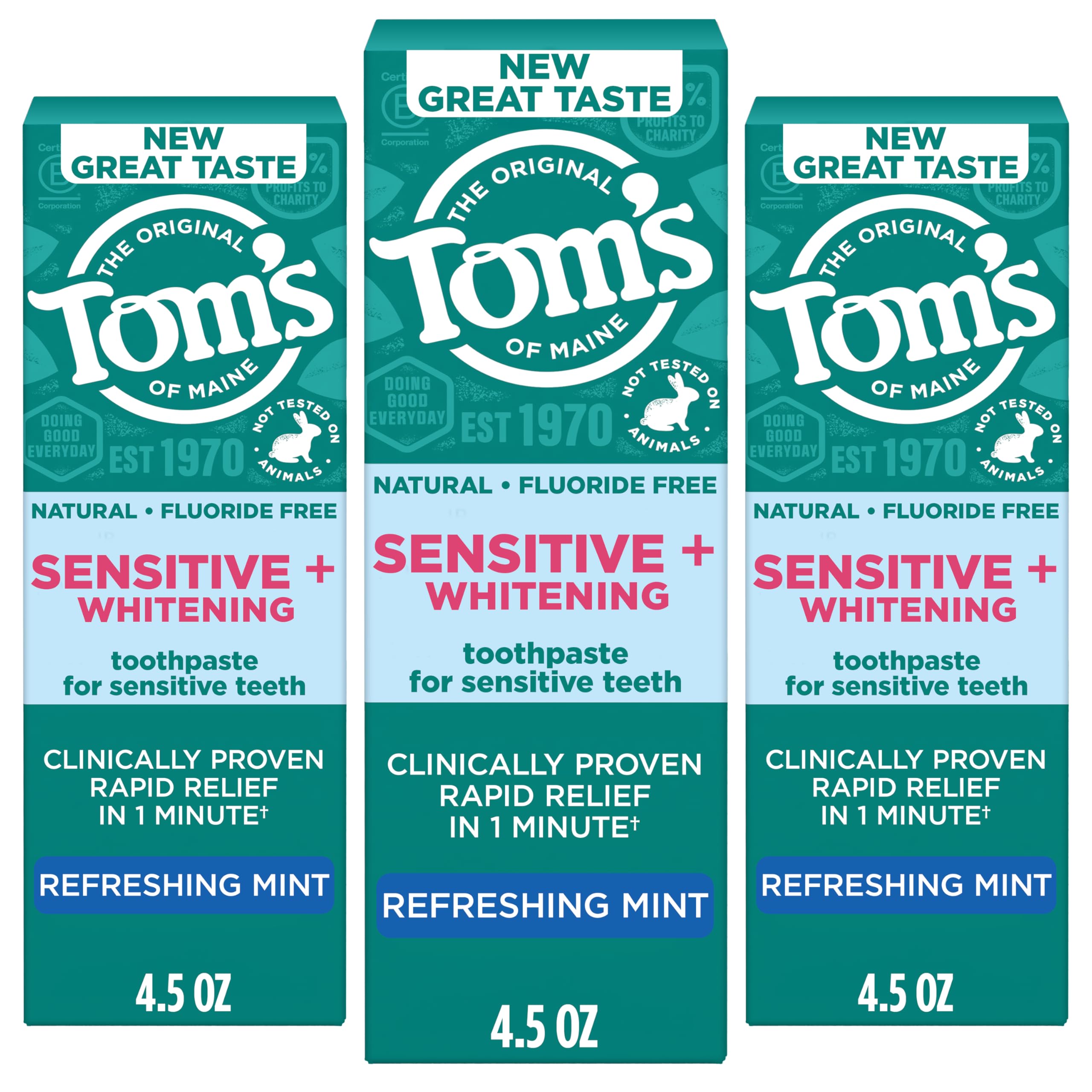 Tom's of Maine frente del empaque mostrando tres tubos y beneficio de alivio rápido